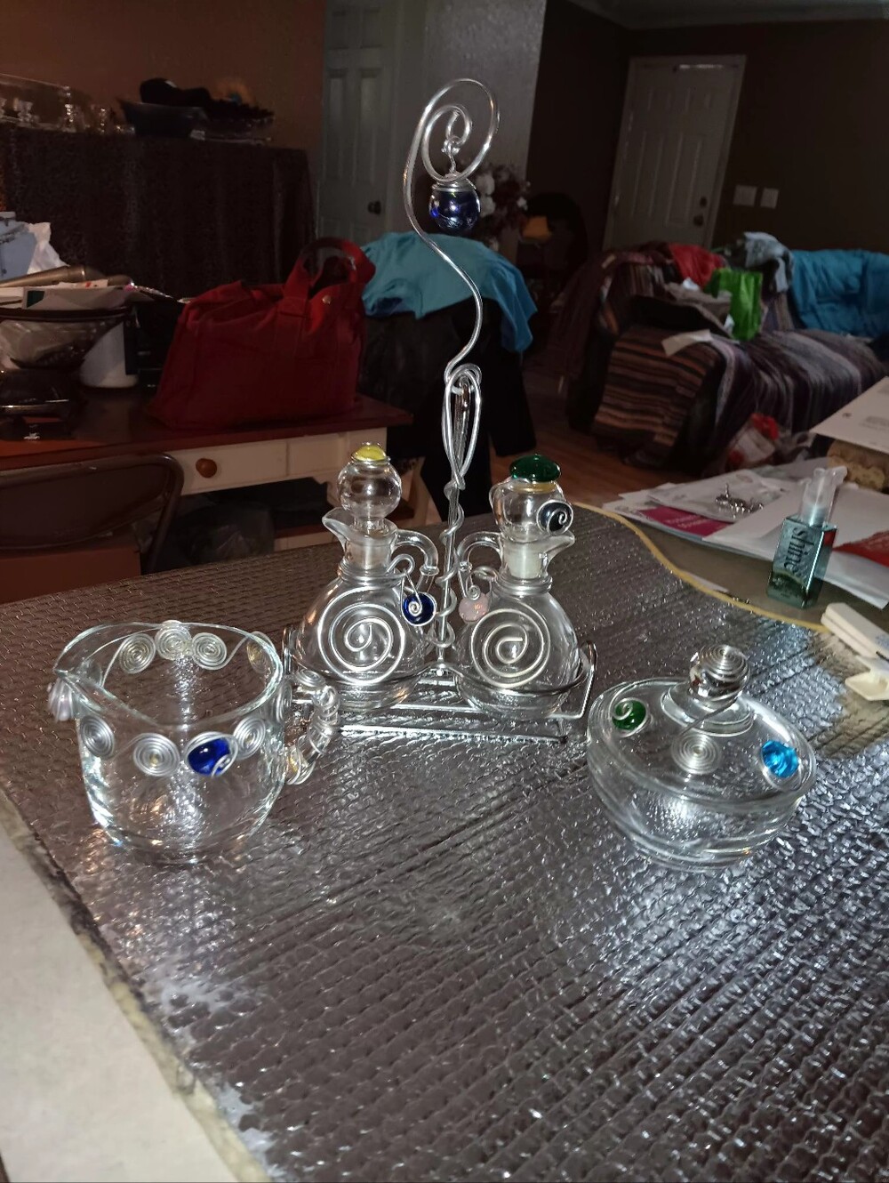 Artisian Crafted Glass Oil And Vinigar Bottles In Stand Wirh Creamer And Sugar
